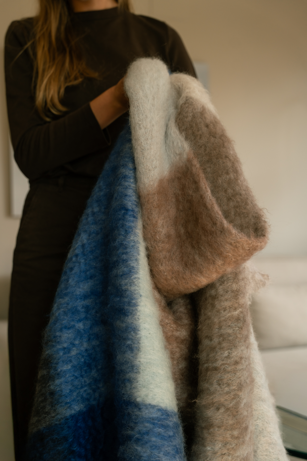 MOHAIR COUVERTURE CHECKS BLUE