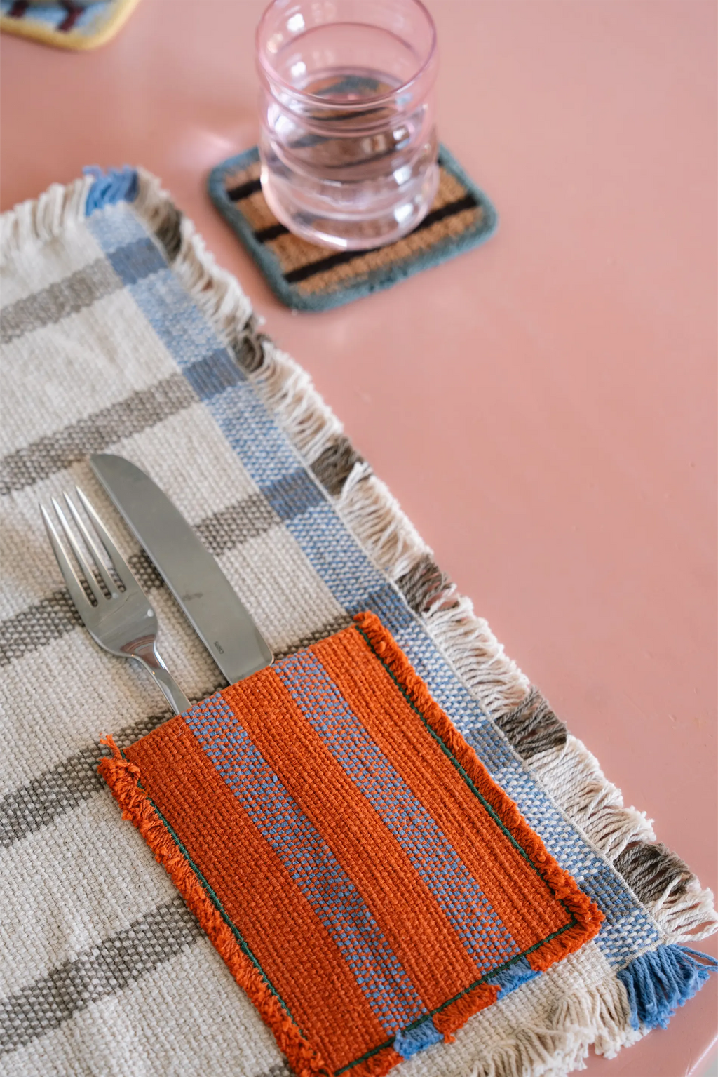 2ER-SET TISCHSETS handloom MIT TASCHE SOIL BROWN