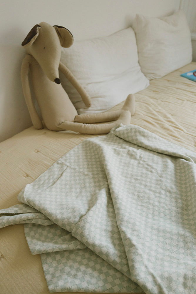 KNITTED BLANKET TILES BLUE SAGE